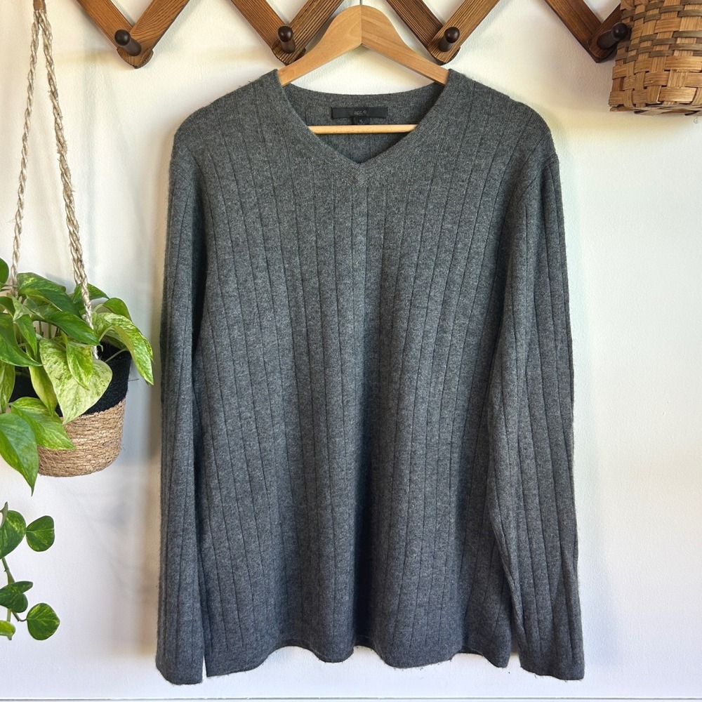 Apt. 9 Mens 100% Cashmere XL Charcoal Gray Ribbed V-Neck Long Sleeve Sweater